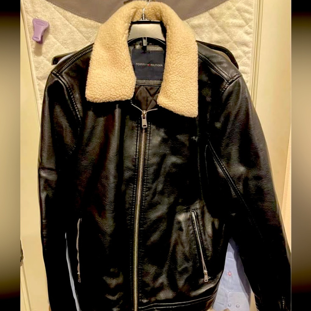 Tommy Hilfiger, leather bomber jacket, black worn twice medium